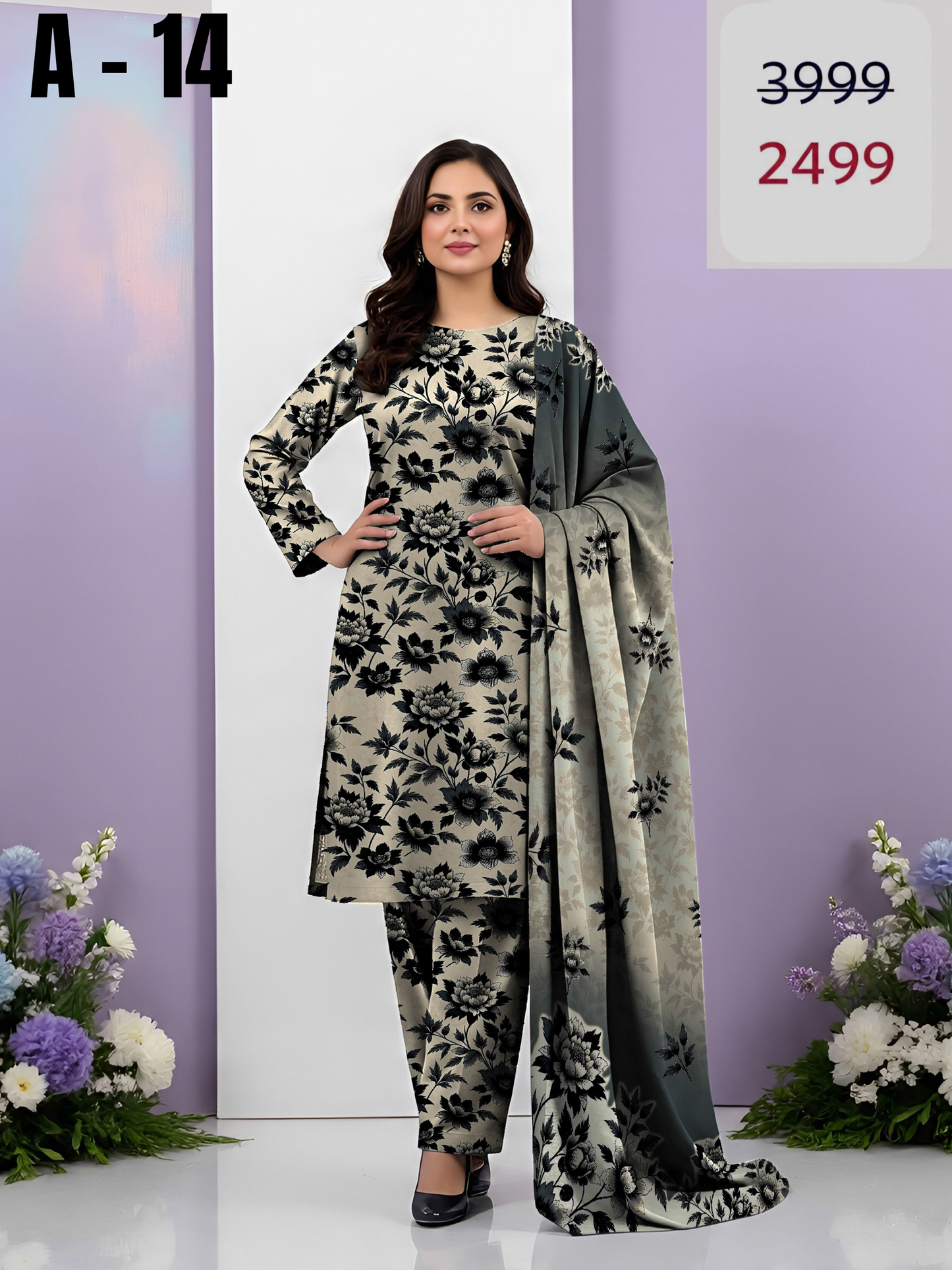 A-14 Linen Unstitched Digital Printed Suit With Linen Dupatta