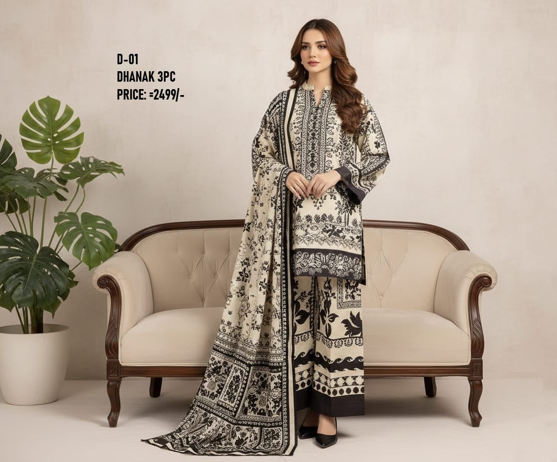 D-02 Digital Print Dhanak Suit with Dhanak Shawl