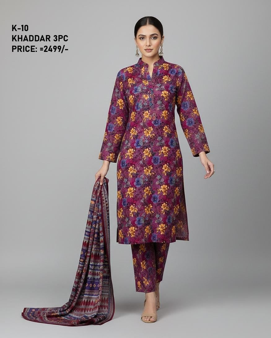 K-10 Khaddar 3pc Digital Printed Suit With Digital Printed Khaddar Dupatta