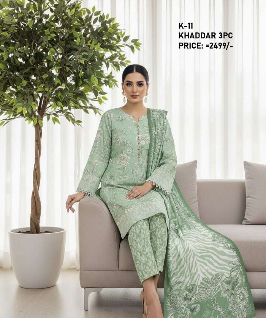 K-11 Khaddar 3pc Digital Printed Suit With Digital Printed Khaddar Dupatta