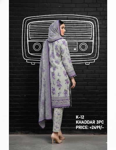 K-12 Khaddar 3pc Digital Printed Suit With Digital Printed Khaddar Dupatta