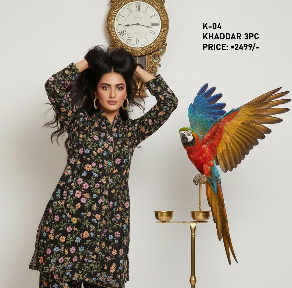 K-4 Khaddar 3pc Digital Printed Suit With Digital Printed Khaddar Dupatta