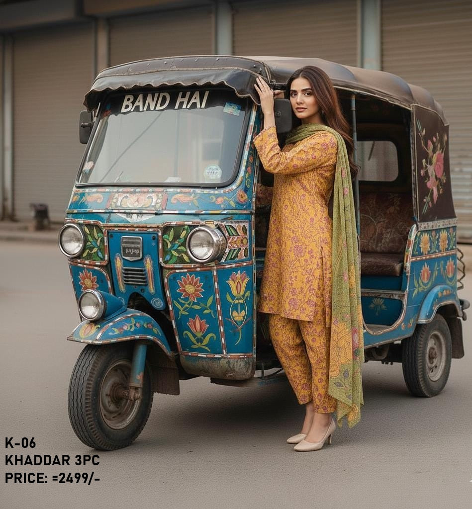 K-6 Khaddar 3pc Digital Printed Suit With Digital Printed Khaddar Dupatta