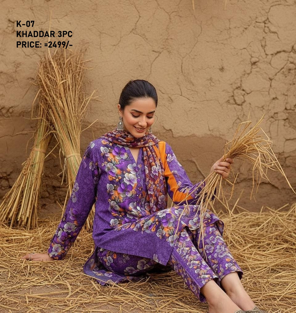 K-7 Khaddar 3pc Digital Printed Suit With Digital Printed Khaddar Dupatta