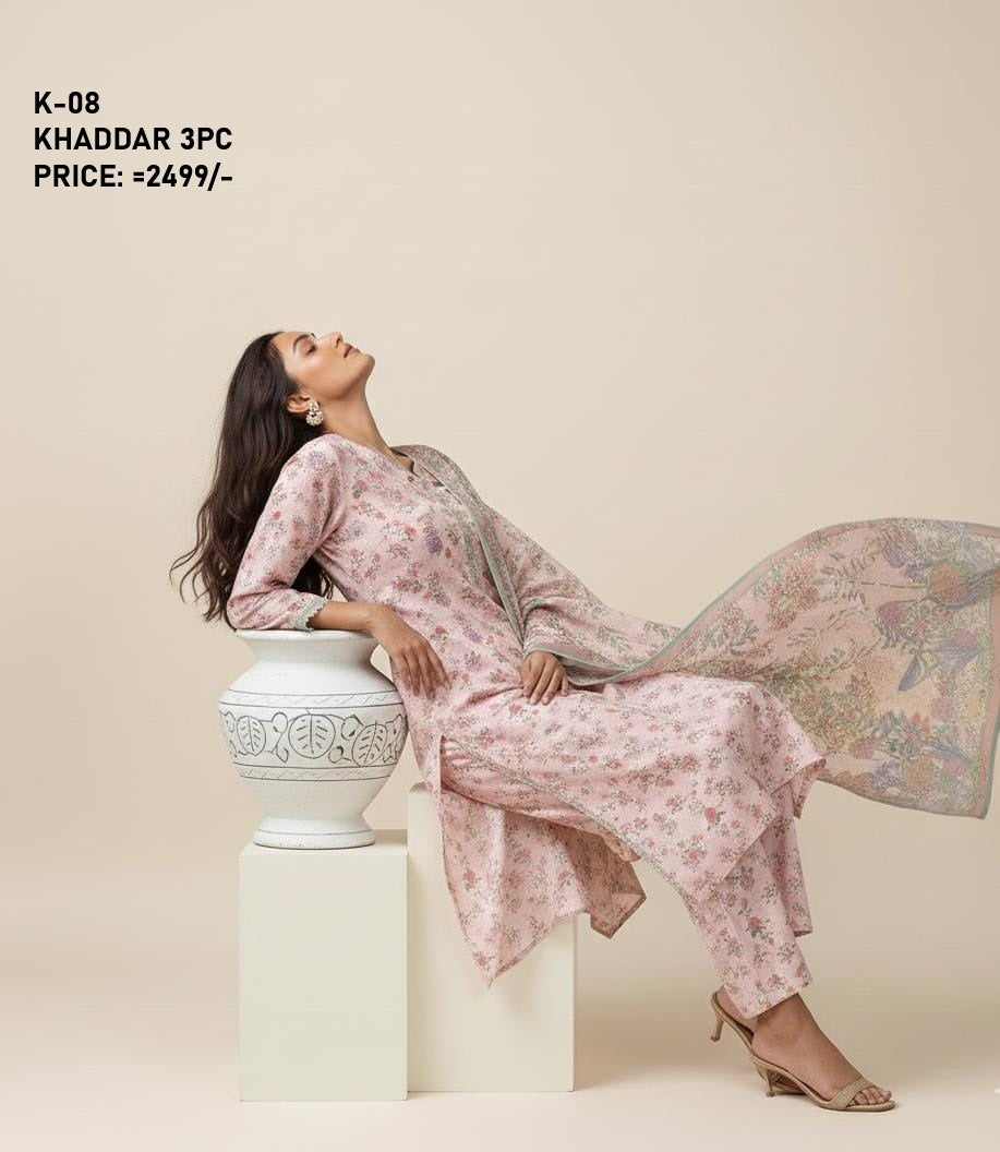 K-8 Khaddar 3pc Digital Printed Suit With Digital Printed Khaddar Dupatta