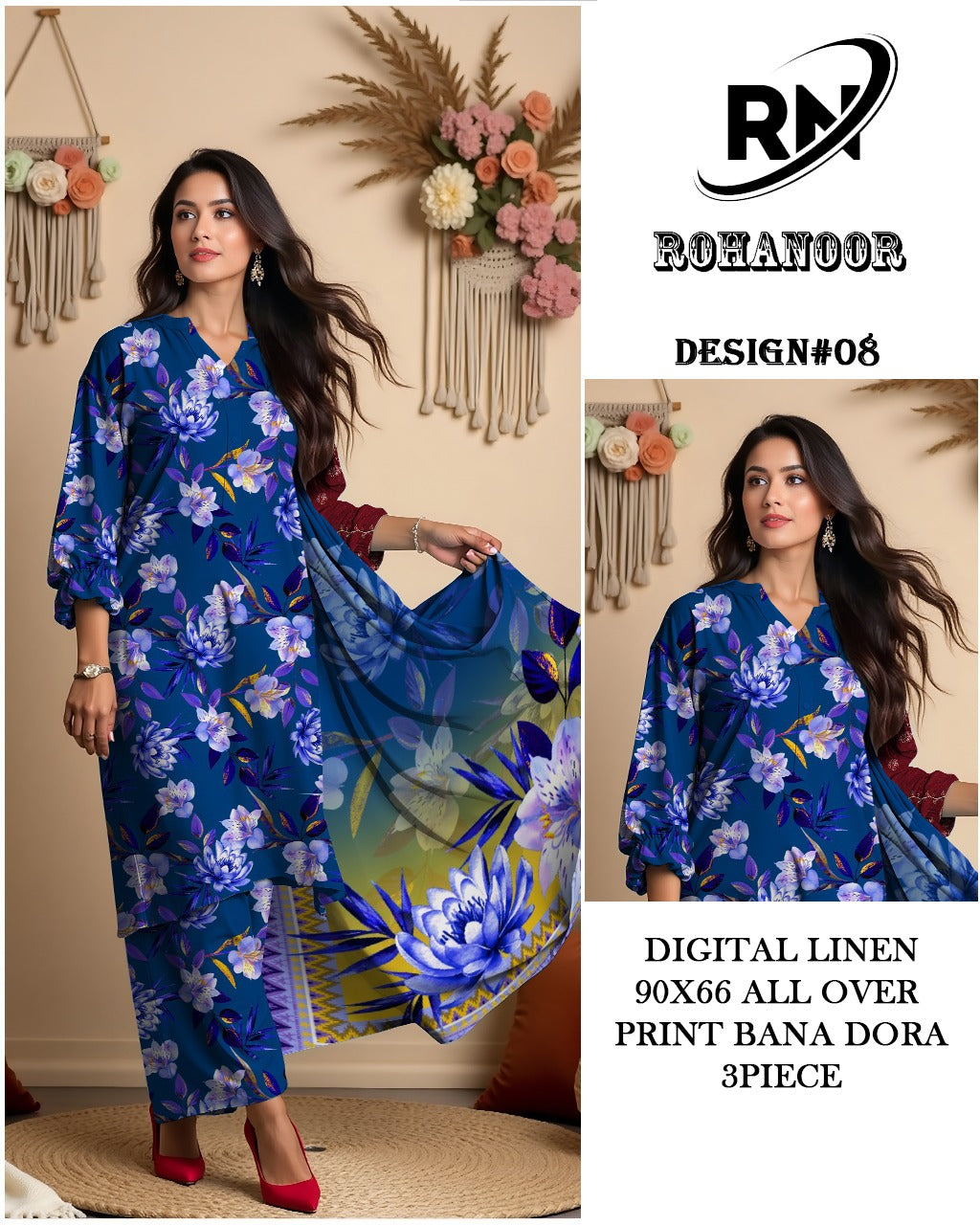 Premium Digital Linen All Over – Elegant Printed Unstitched Fabric | Roha Noor Collection
