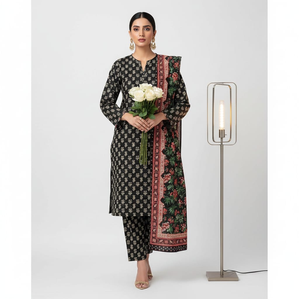 A-43 Khaddar 3pc Digital Printed Suit With Digital Printed Khaddar Dupatta