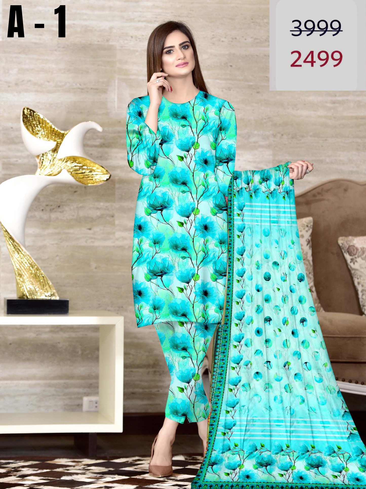A-1 Linen Unstitched Digital Printed Suit With Linen Dupatta