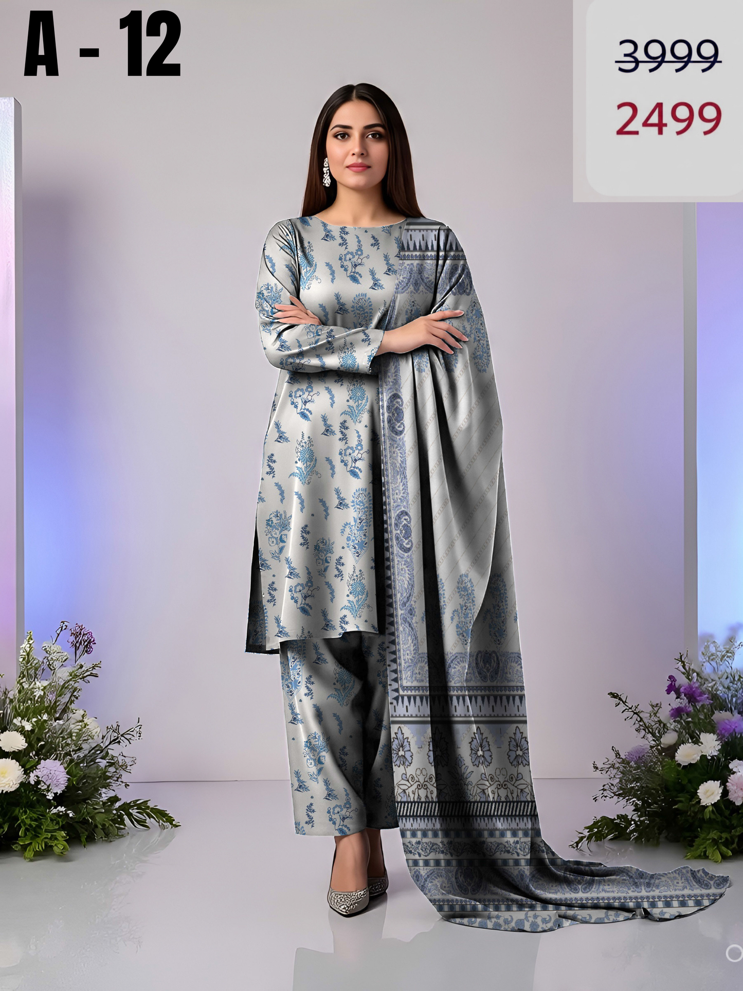 A-12 Linen Unstitched Digital Printed Suit With Linen Dupatta
