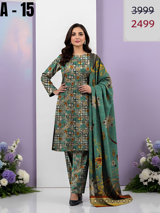 A-15 Linen Unstitched Digital Printed Suit With Linen Dupatta