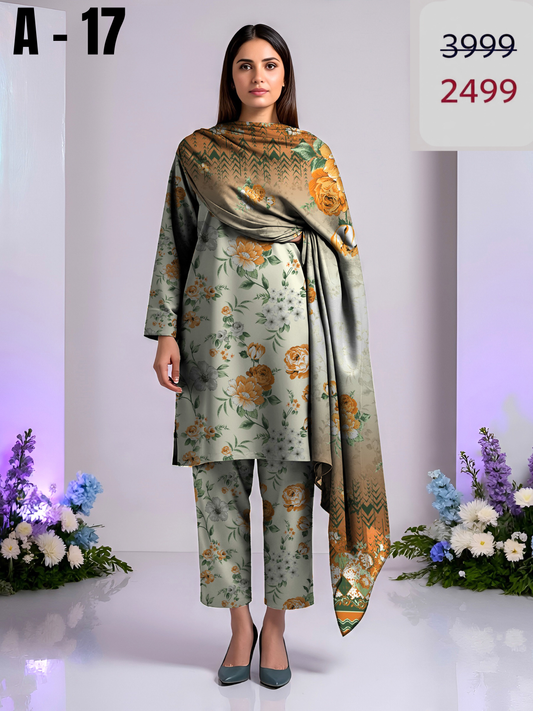 A-17 Linen Unstitched Digital Printed Suit With Linen Dupatta