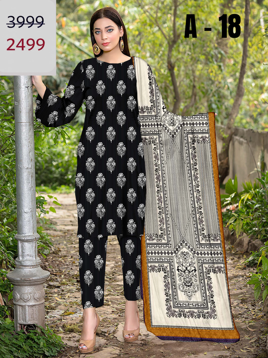 A-18 Linen Unstitched Digital Printed Suit With Linen Dupatta