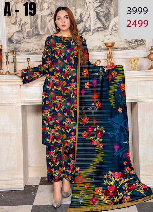 A-19 Linen Unstitched Digital Printed Suit With Linen Dupatta