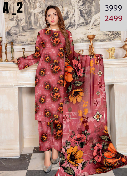 A-2 Linen Unstitched Digital Printed Suit With Linen Dupatta
