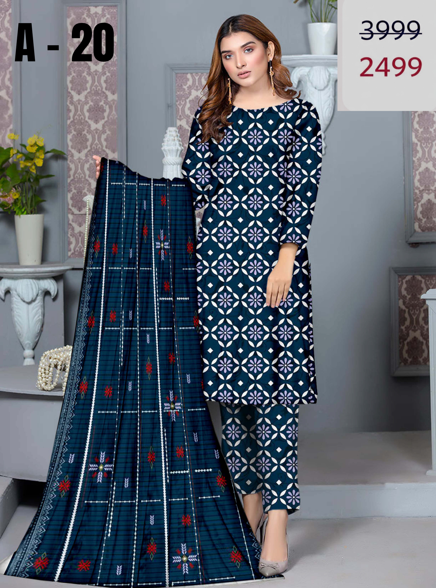 A-20 Linen Unstitched Digital Printed Suit With Linen Dupatta