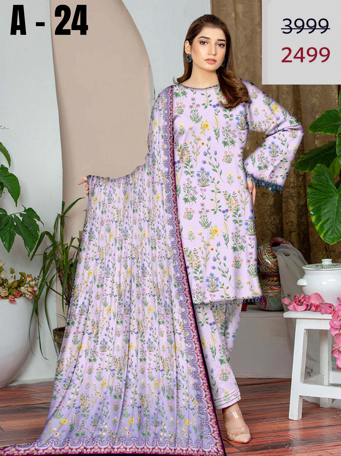 A-24 Linen Unstitched Digital Printed Suit With Linen Dupatta