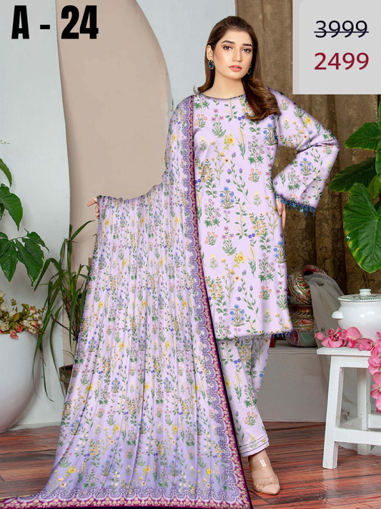 A-24 Linen Unstitched Digital Printed Suit With Linen Dupatta