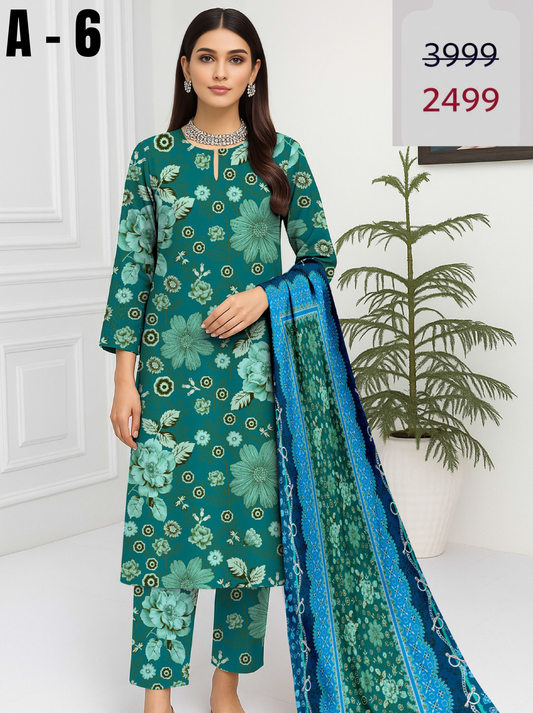 A-6 Linen Unstitched Digital Printed Suit With Linen Dupatta