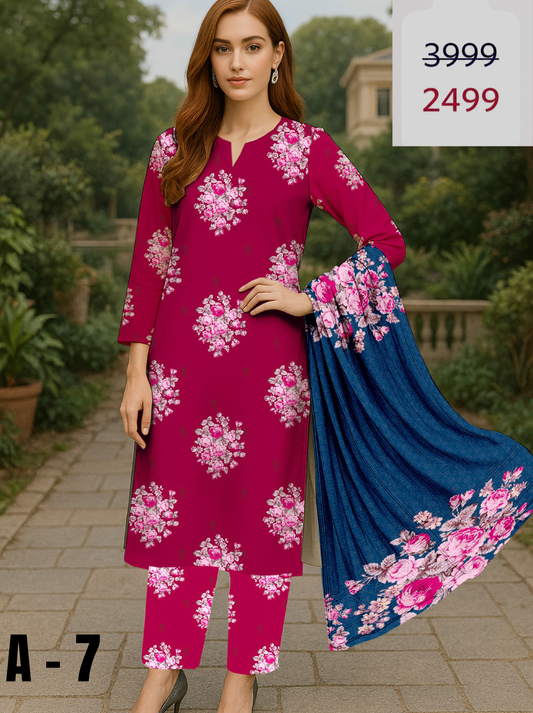 A-7 Linen Unstitched Digital Printed Suit With Linen Dupatta