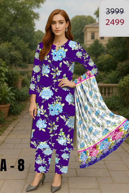 A-8 Linen Unstitched Digital Printed Suit With Linen Dupatta