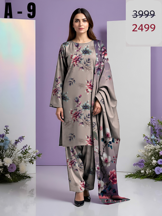 A-9 Linen Unstitched Digital Printed Suit With Linen Dupatta