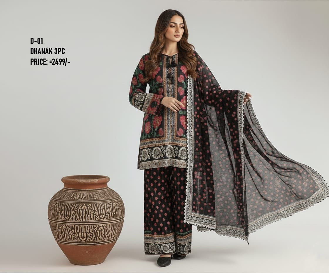 D-01 Digital Print Dhanak Suit with Dhanak Shawl