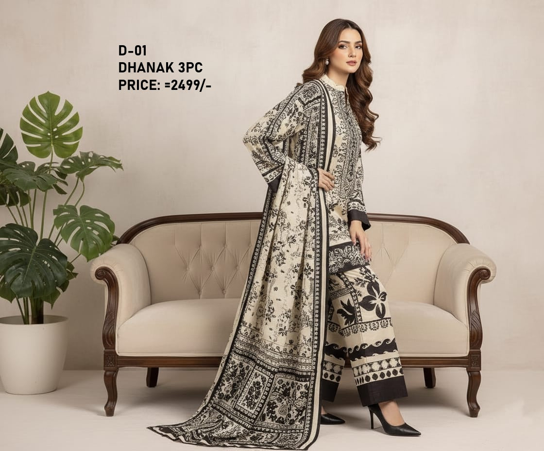 D-02 Digital Print Dhanak Suit with Dhanak Shawl