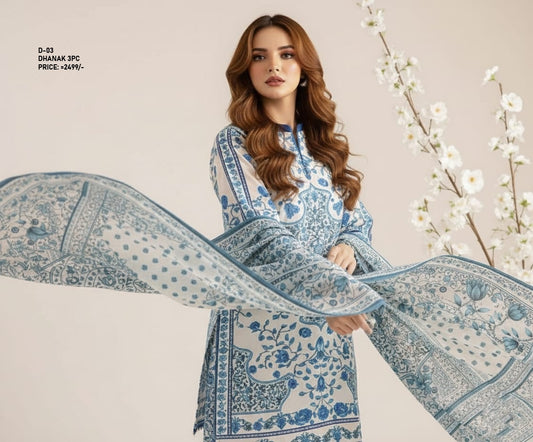 D-03 Digital Print Dhanak Suit with Dhanak Shawl