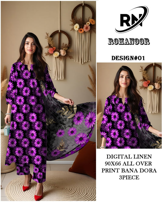 Premium Digital Linen All Over – Elegant Printed Unstitched Fabric | Roha Noor Collection