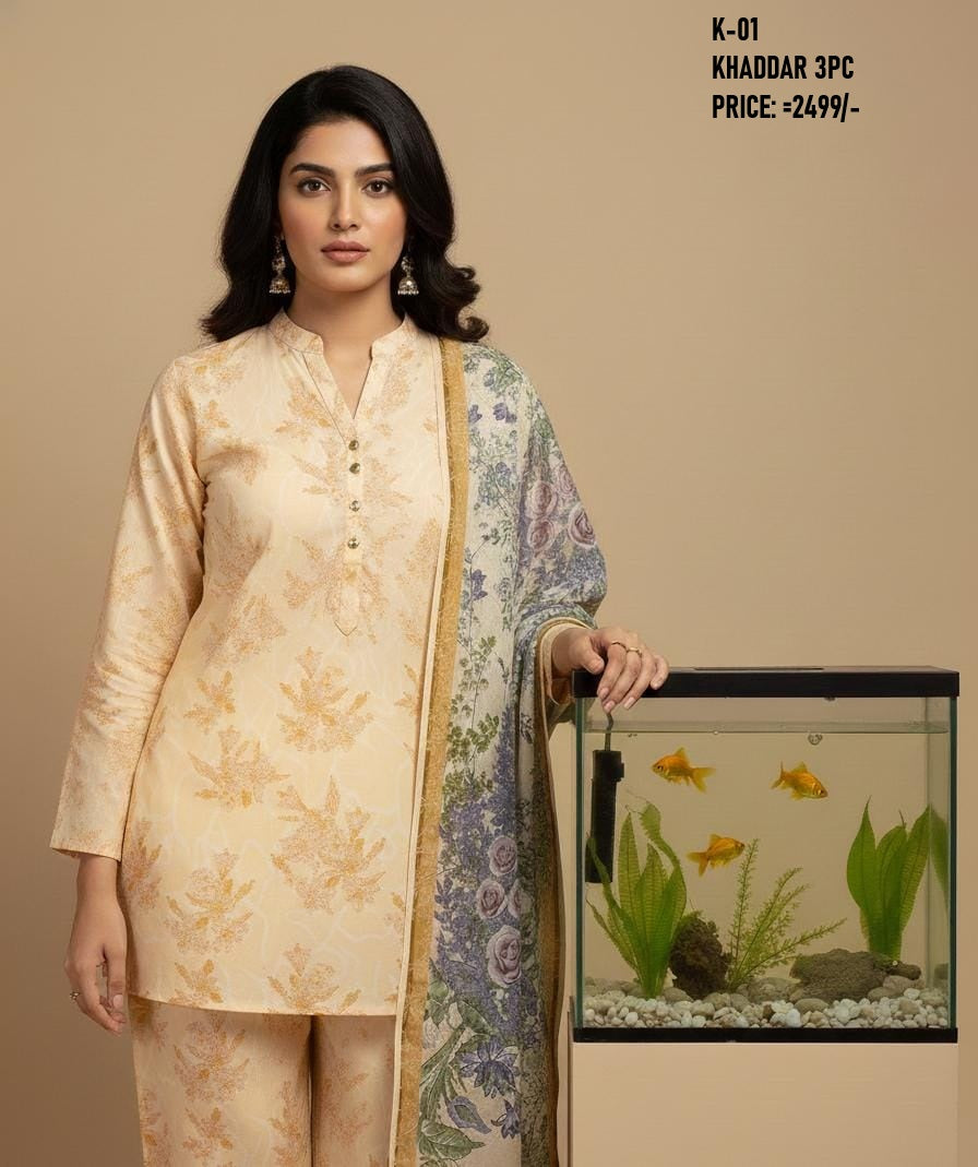 K-1 Khaddar 3pc Digital Printed Suit With Digital Printed Khaddar Dupatta