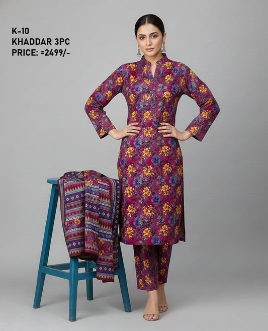 K-10 Khaddar 3pc Digital Printed Suit With Digital Printed Khaddar Dupatta
