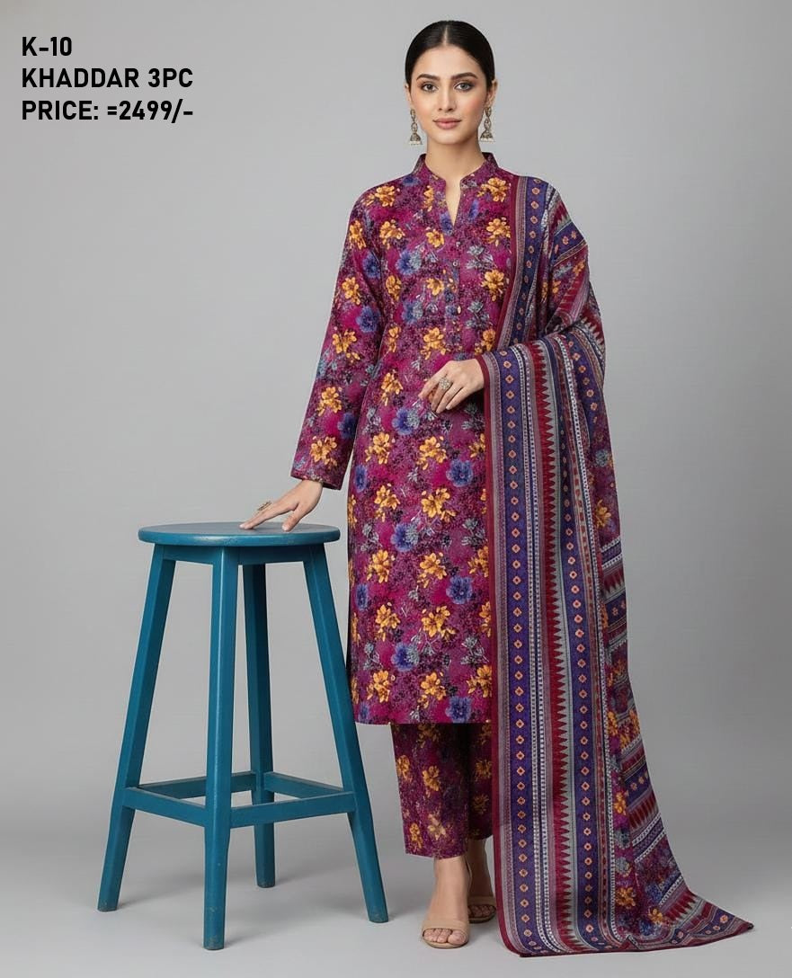 K-10 Khaddar 3pc Digital Printed Suit With Digital Printed Khaddar Dupatta