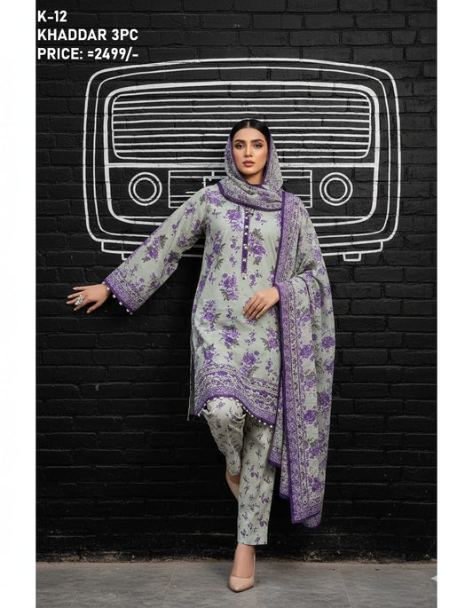 K-12 Khaddar 3pc Digital Printed Suit With Digital Printed Khaddar Dupatta