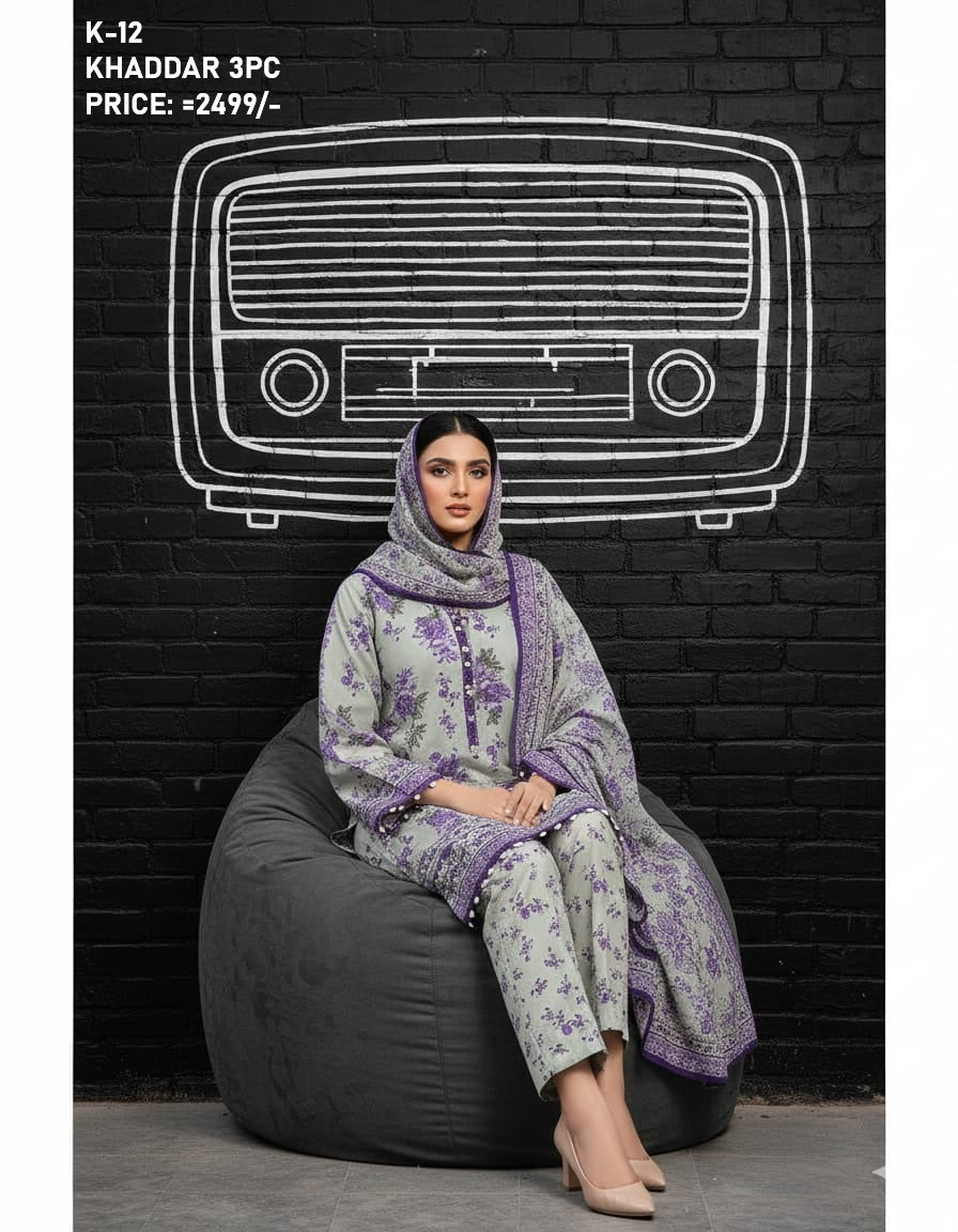 K-12 Khaddar 3pc Digital Printed Suit With Digital Printed Khaddar Dupatta