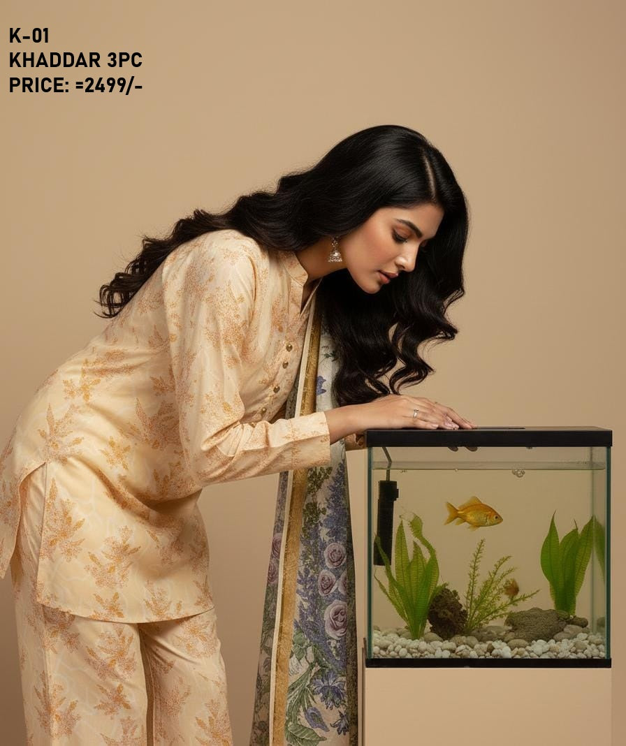 K-1 Khaddar 3pc Digital Printed Suit With Digital Printed Khaddar Dupatta
