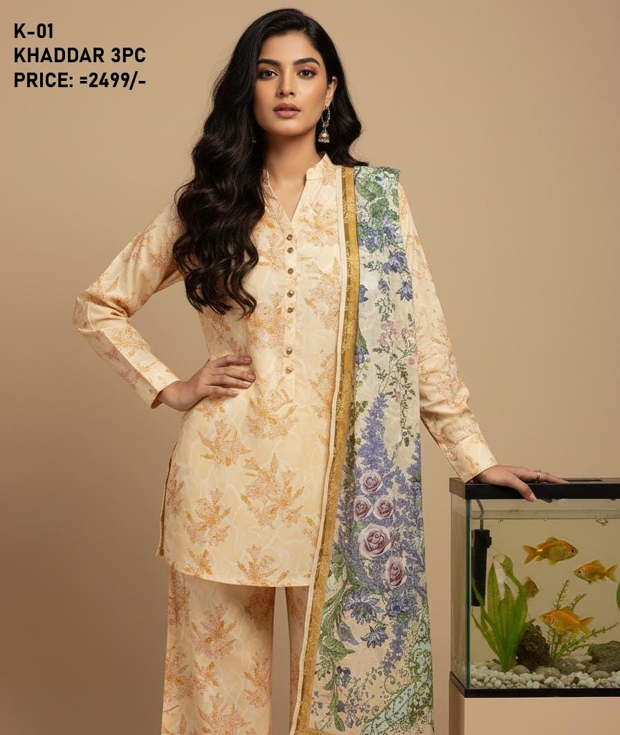 K-1 Khaddar 3pc Digital Printed Suit With Digital Printed Khaddar Dupatta
