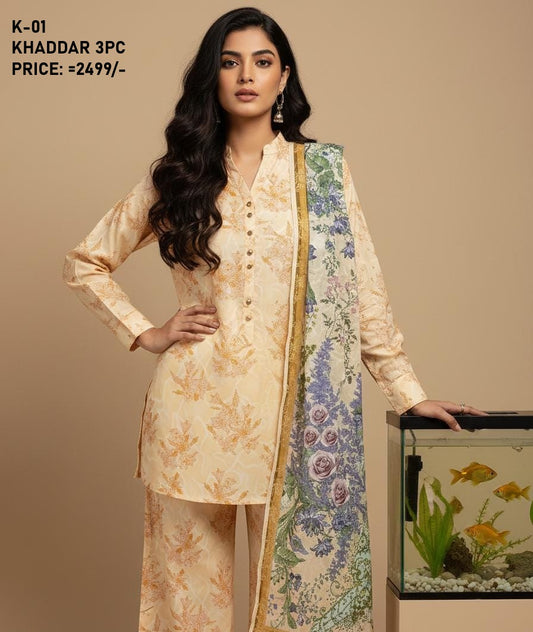 K-1 Khaddar 3pc Digital Printed Suit With Digital Printed Khaddar Dupatta