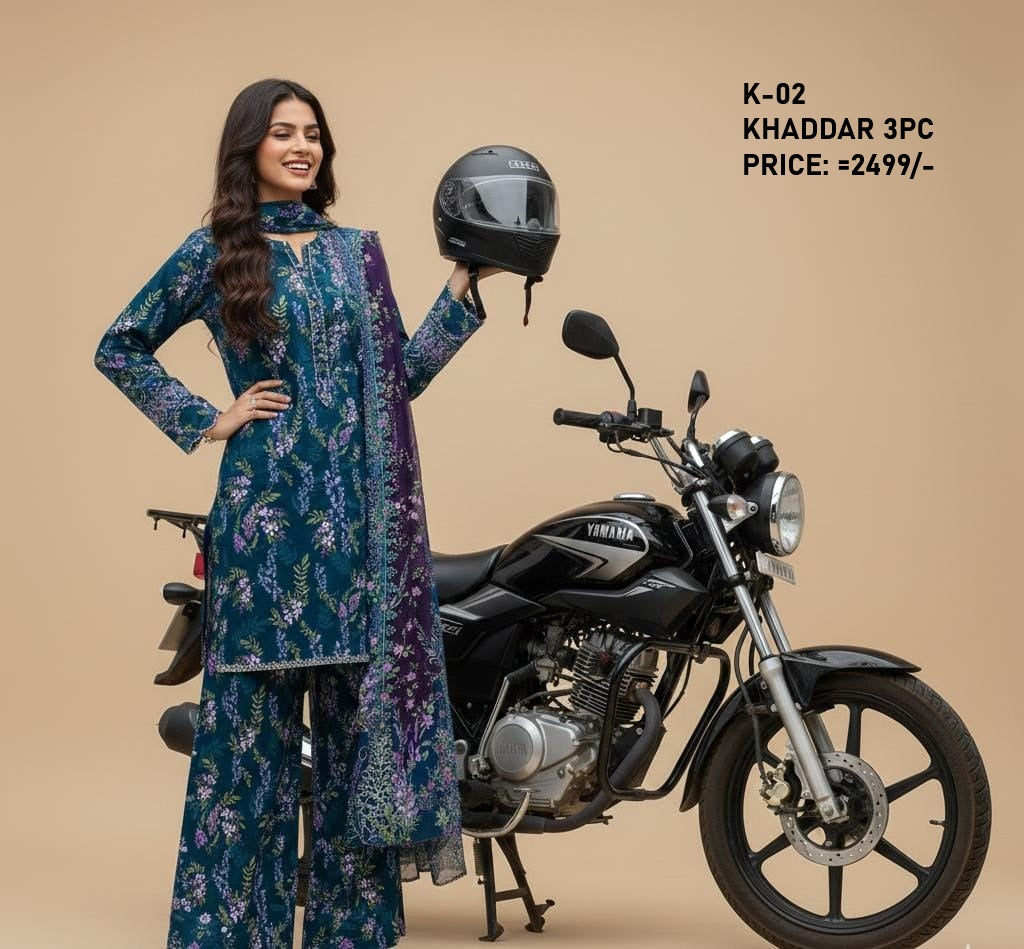 K-2 Khaddar 3pc Digital Printed Suit With Digital Printed Khaddar Dupatta