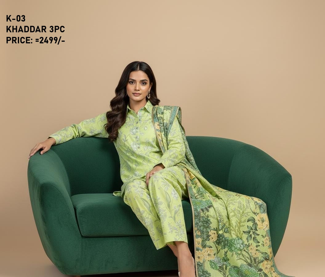 K-3 Khaddar 3pc Digital Printed Suit With Digital Printed Khaddar Dupatta