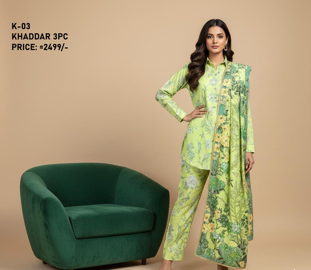 K-3 Khaddar 3pc Digital Printed Suit With Digital Printed Khaddar Dupatta