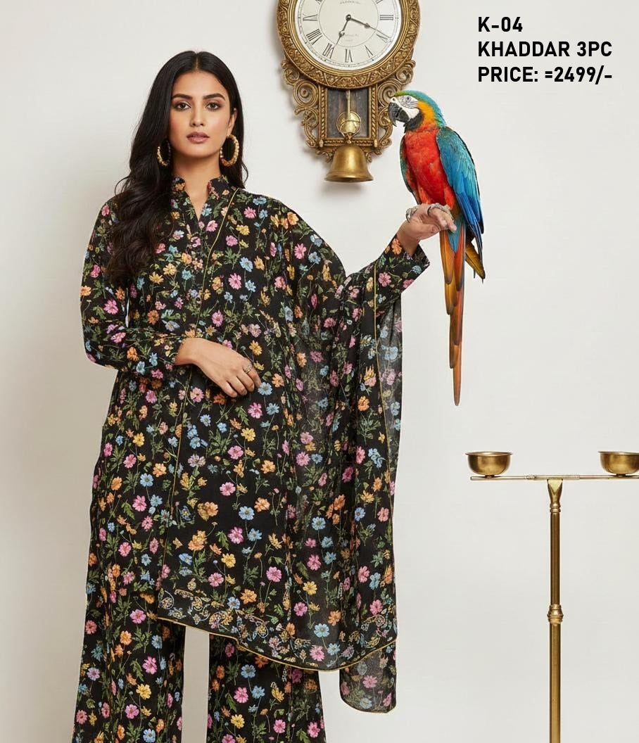 K-4 Khaddar 3pc Digital Printed Suit With Digital Printed Khaddar Dupatta