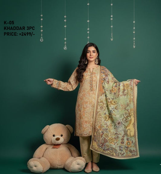 K-5 Khaddar 3pc Digital Printed Suit With Digital Printed Khaddar Dupatta