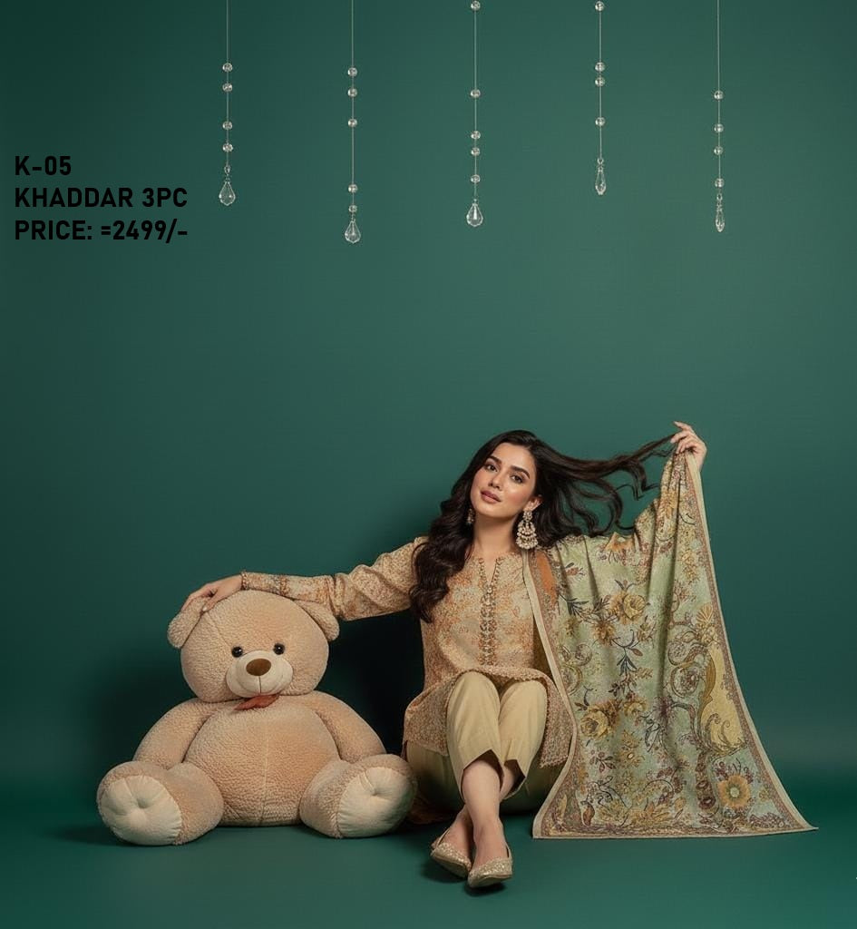 K-5 Khaddar 3pc Digital Printed Suit With Digital Printed Khaddar Dupatta