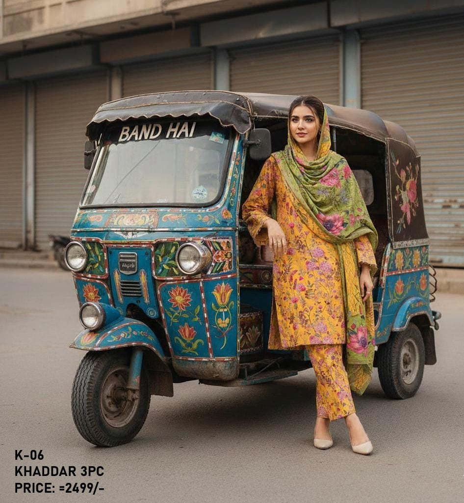 K-6 Khaddar 3pc Digital Printed Suit With Digital Printed Khaddar Dupatta