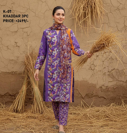 K-7 Khaddar 3pc Digital Printed Suit With Digital Printed Khaddar Dupatta