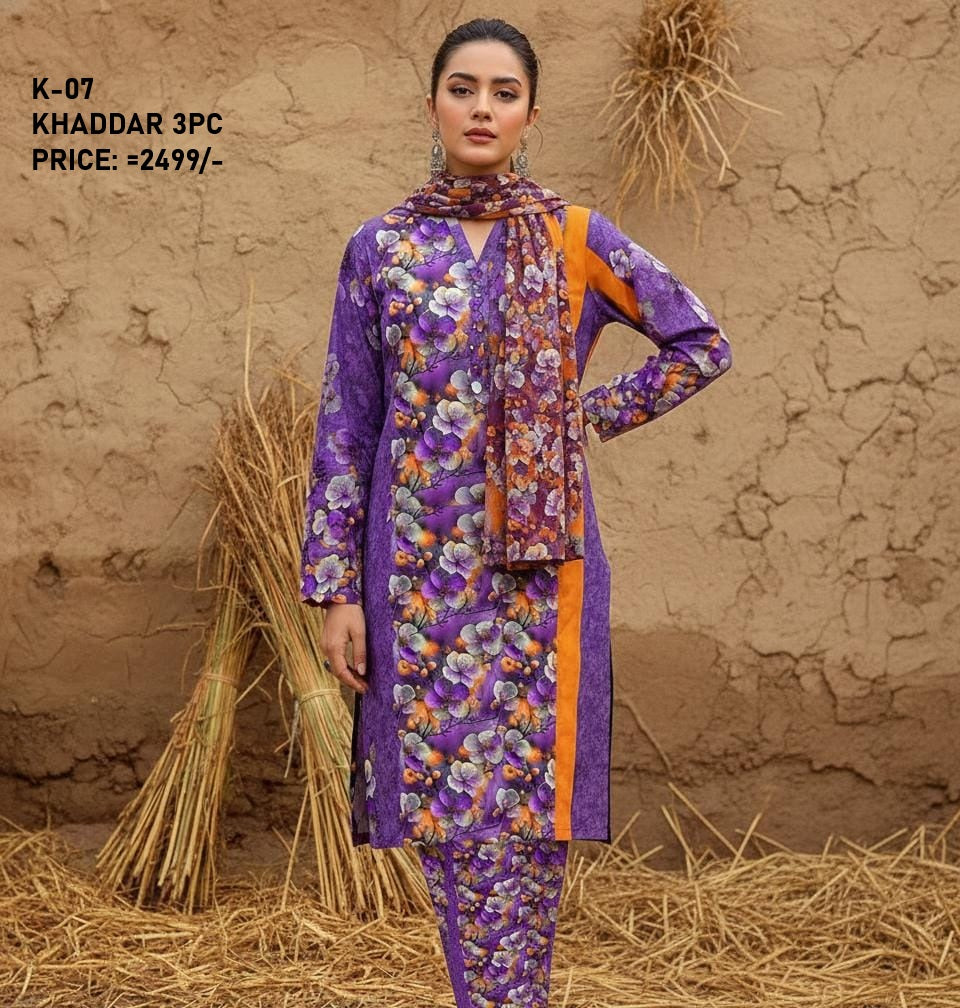 K-7 Khaddar 3pc Digital Printed Suit With Digital Printed Khaddar Dupatta