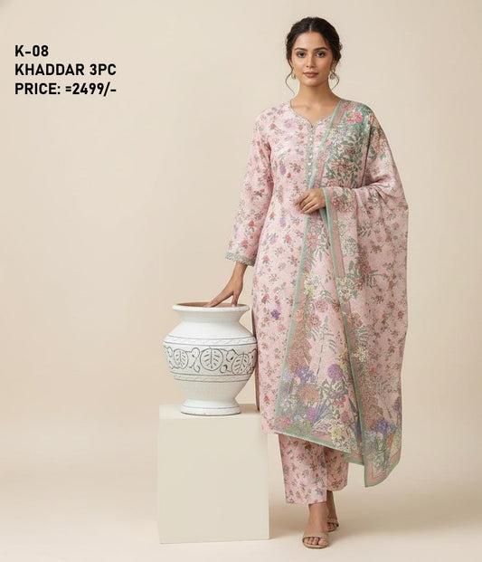 K-8 Khaddar 3pc Digital Printed Suit With Digital Printed Khaddar Dupatta