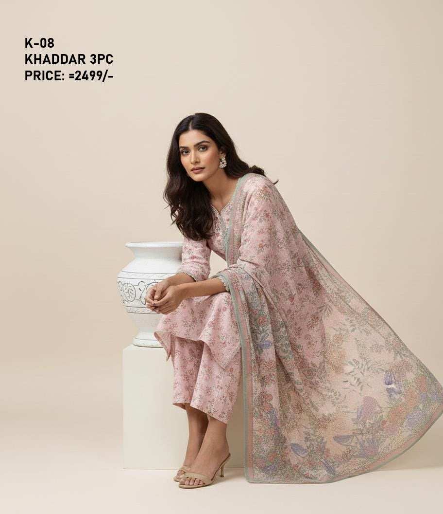 K-8 Khaddar 3pc Digital Printed Suit With Digital Printed Khaddar Dupatta