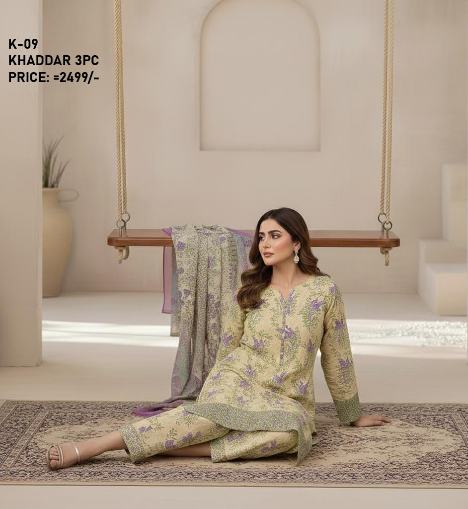 K-9 Khaddar 3pc Digital Printed Suit With Digital Printed Khaddar Dupatta