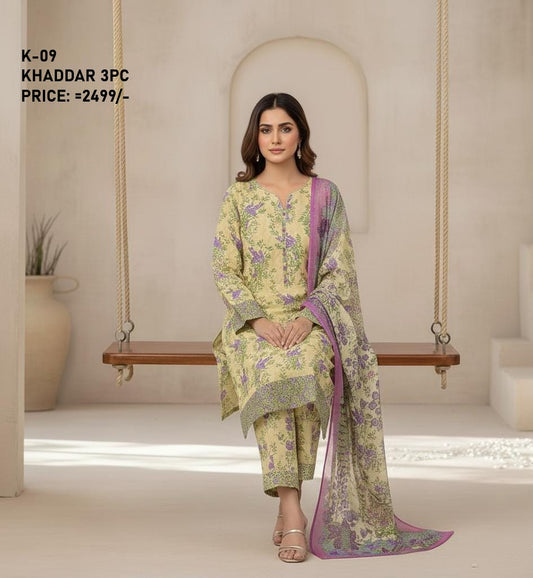 K-9 Khaddar 3pc Digital Printed Suit With Digital Printed Khaddar Dupatta